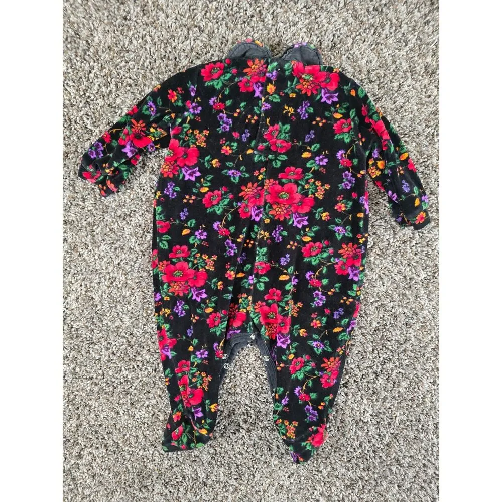 Vtg 1980s Cotton Resources Baby Girls Sz 6/9M Bubble Romper Black Floral Velvet